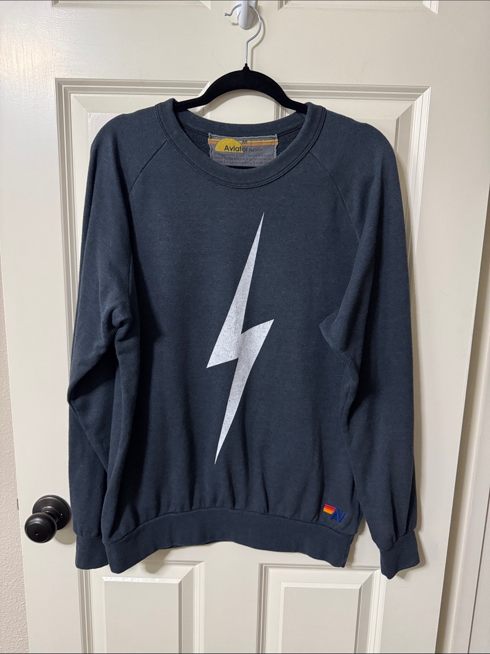 Aviator Nation Dark Washed Navy Sweatshirt with White Lightning Bolt